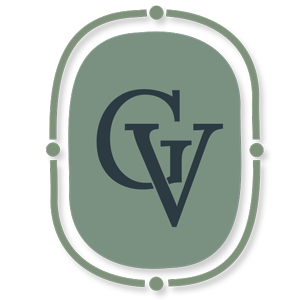 Monogram style sticker in dark blue inside a dark sage portrait